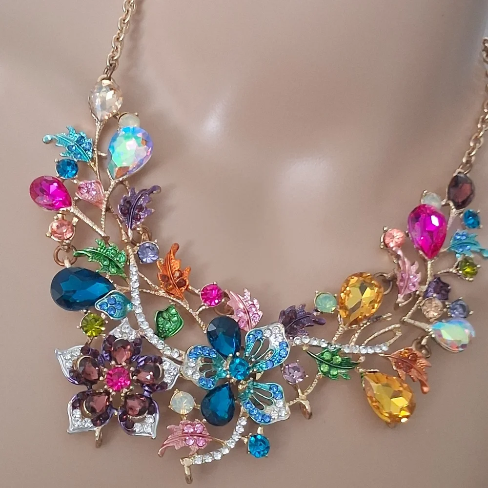 Goldtone Colorful Floral And Vine Statement Necklace